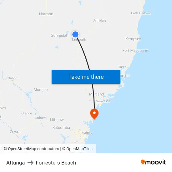 Attunga to Forresters Beach map