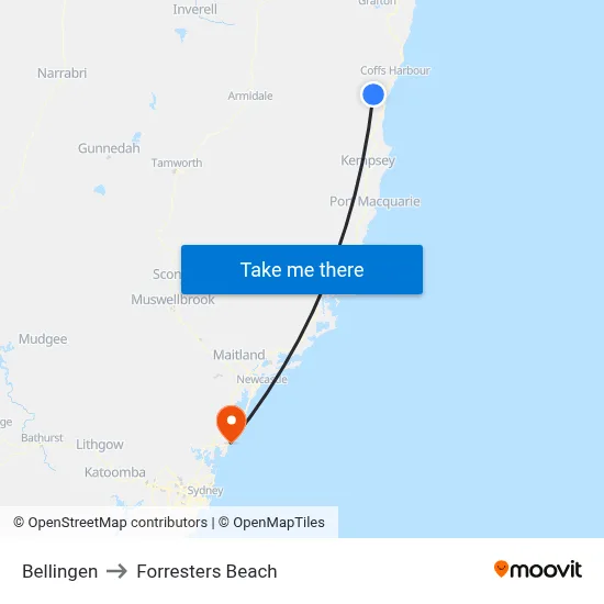Bellingen to Forresters Beach map