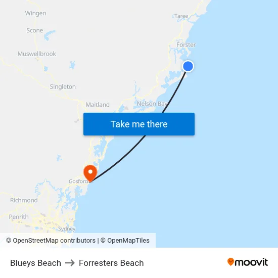 Blueys Beach to Forresters Beach map