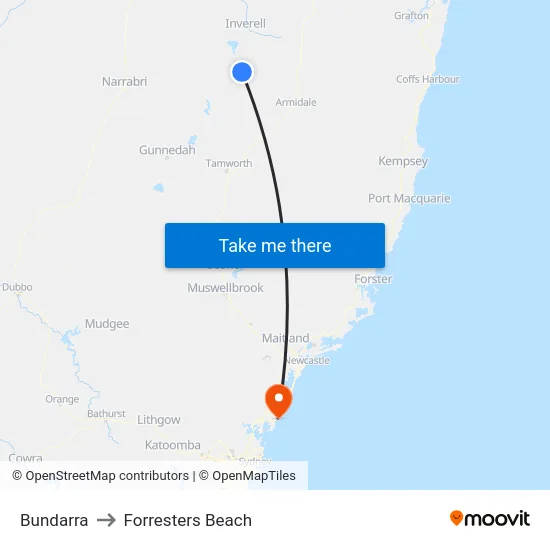 Bundarra to Forresters Beach map
