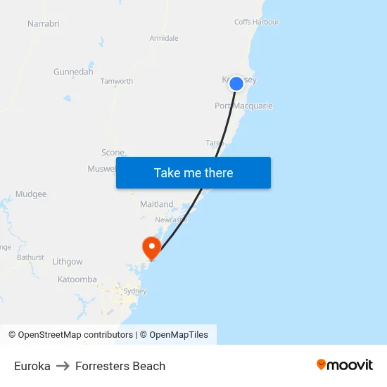 Euroka to Forresters Beach map