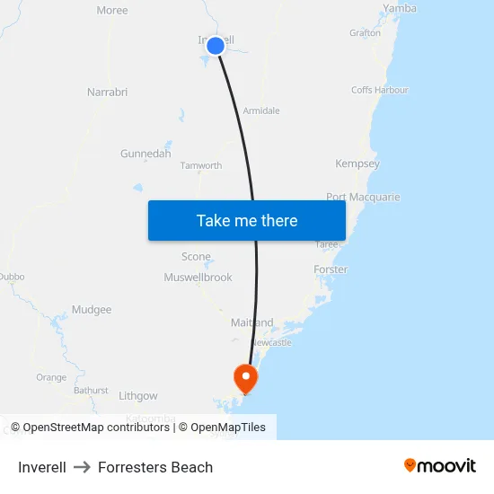 Inverell to Forresters Beach map
