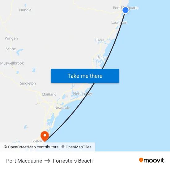 Port Macquarie to Forresters Beach map