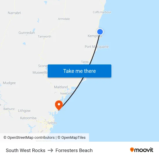 South West Rocks to Forresters Beach map