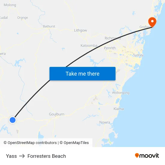 Yass to Forresters Beach map