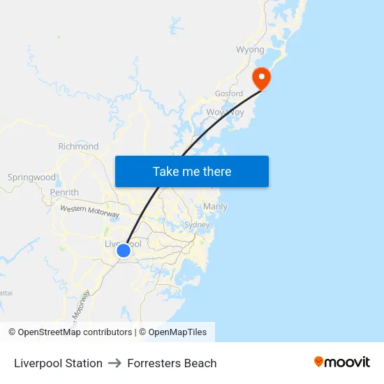 Liverpool Station to Forresters Beach map