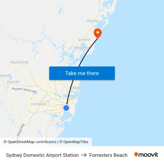 Sydney Domestic Airport Station to Forresters Beach map