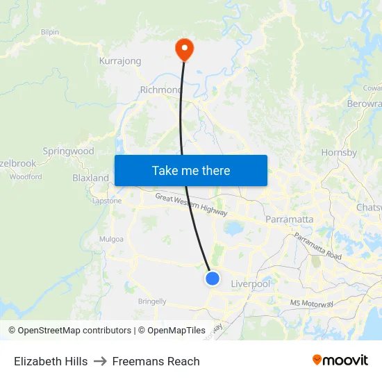 Elizabeth Hills to Freemans Reach map