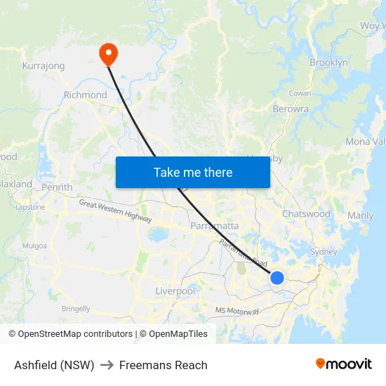 Ashfield (NSW) to Freemans Reach map
