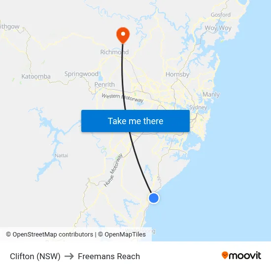 Clifton (NSW) to Freemans Reach map