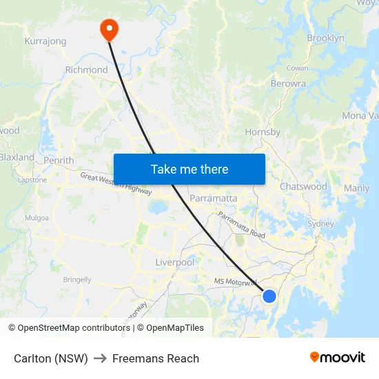 Carlton (NSW) to Freemans Reach map