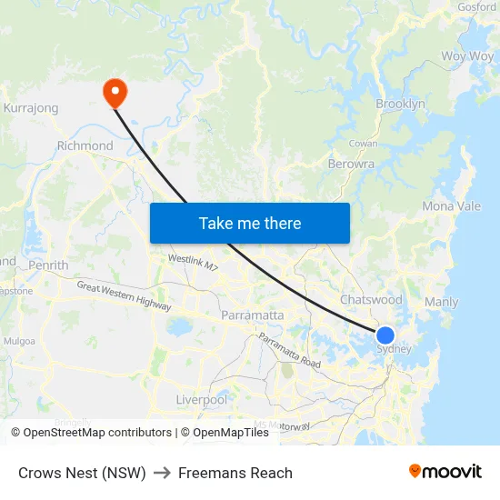 Crows Nest (NSW) to Freemans Reach map