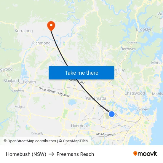 Homebush (NSW) to Freemans Reach map