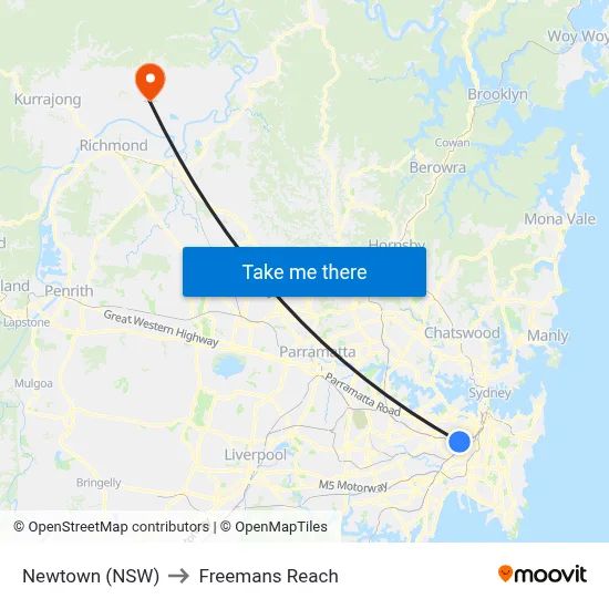 Newtown (NSW) to Freemans Reach map