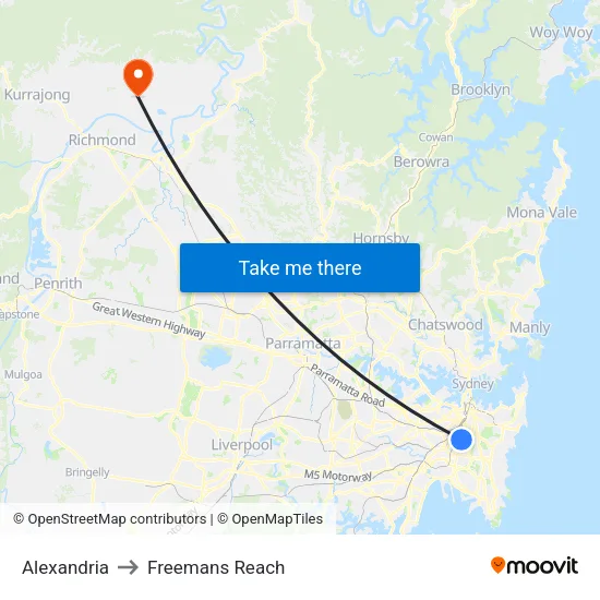 Alexandria to Freemans Reach map