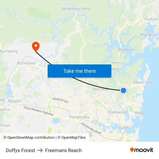 Duffys Forest to Freemans Reach map