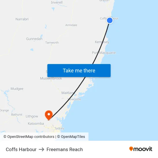 Coffs Harbour to Freemans Reach map
