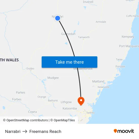 Narrabri to Freemans Reach map