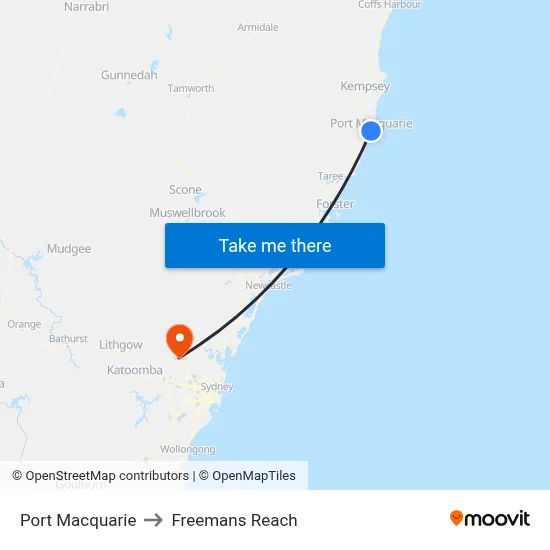 Port Macquarie to Freemans Reach map
