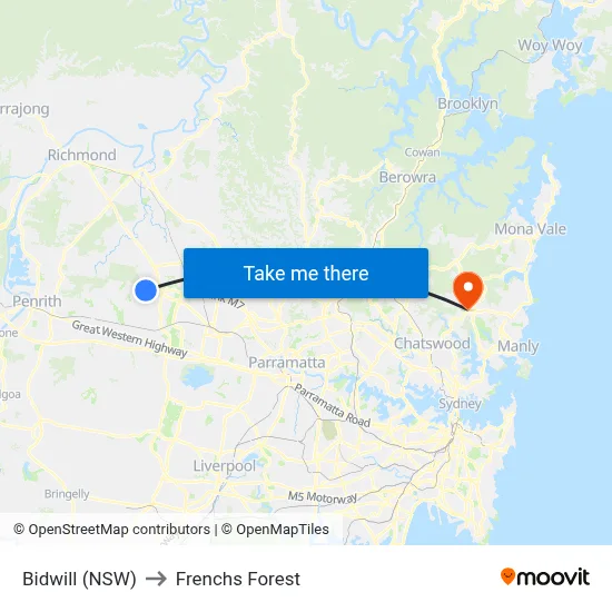 Bidwill (NSW) to Frenchs Forest map