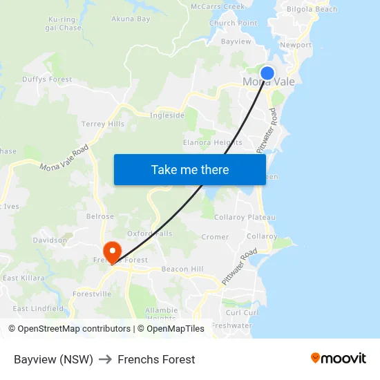 Bayview (NSW) to Frenchs Forest map