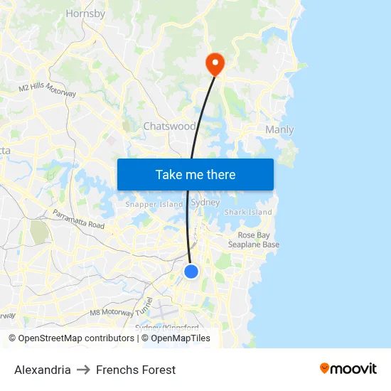Alexandria to Frenchs Forest map
