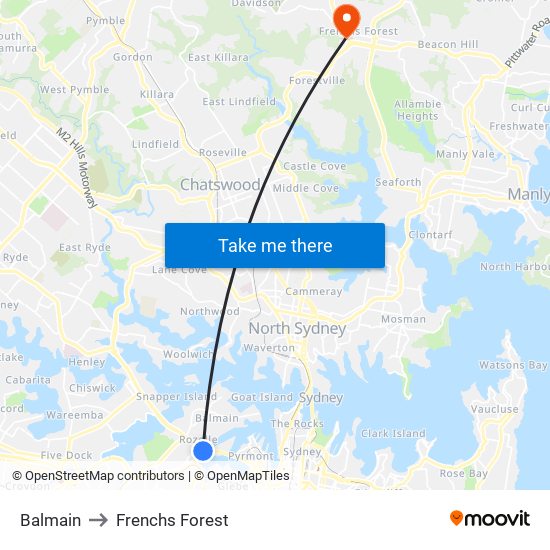 Balmain to Frenchs Forest map