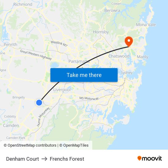 Denham Court to Frenchs Forest map