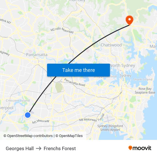 Georges Hall to Frenchs Forest map