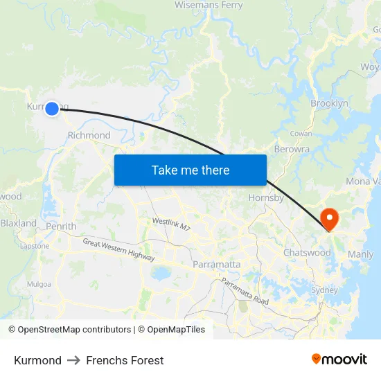Kurmond to Frenchs Forest map