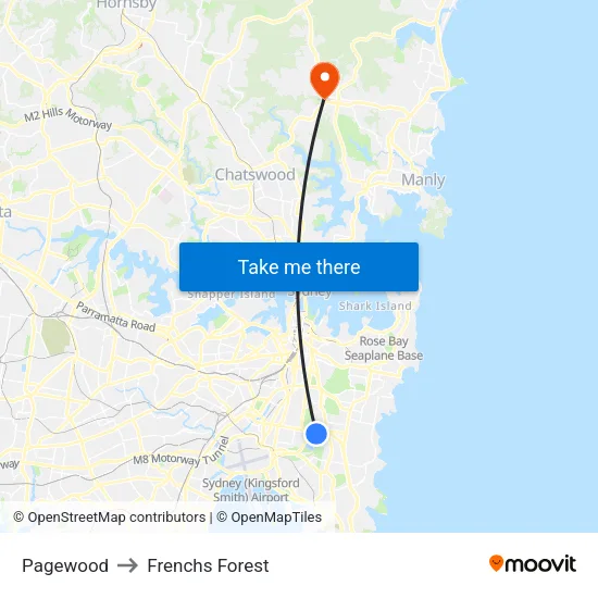 Pagewood to Frenchs Forest map