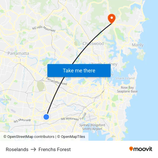 Roselands to Frenchs Forest map