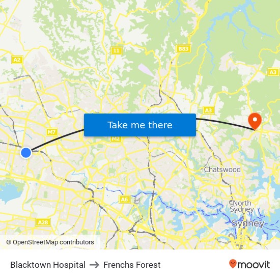 Blacktown Hospital to Frenchs Forest map