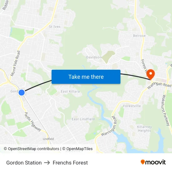 Gordon Station to Frenchs Forest map