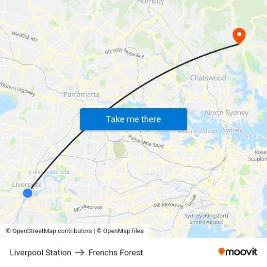 Liverpool Station to Frenchs Forest map