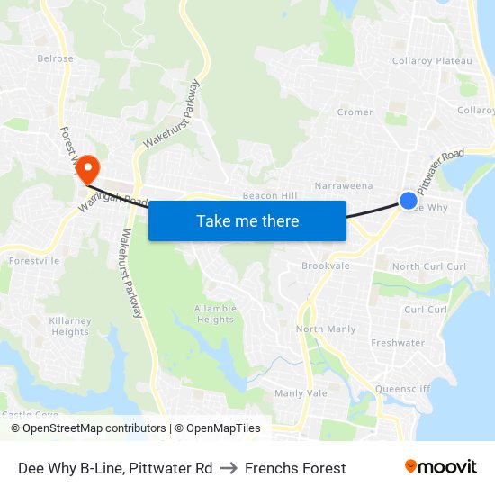Dee Why B-Line, Pittwater Rd to Frenchs Forest map