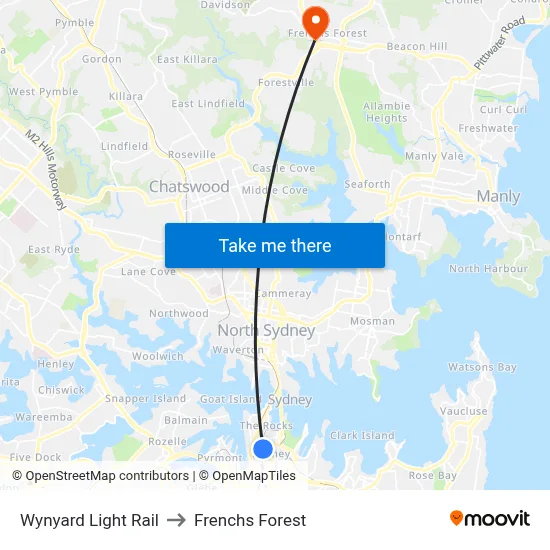 Wynyard Light Rail to Frenchs Forest map