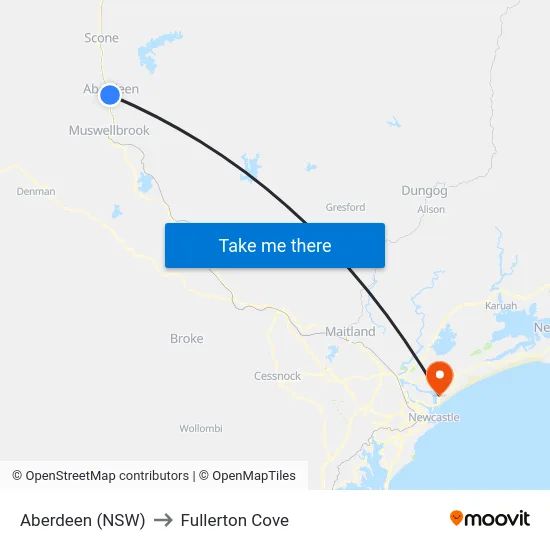 Aberdeen (NSW) to Fullerton Cove map