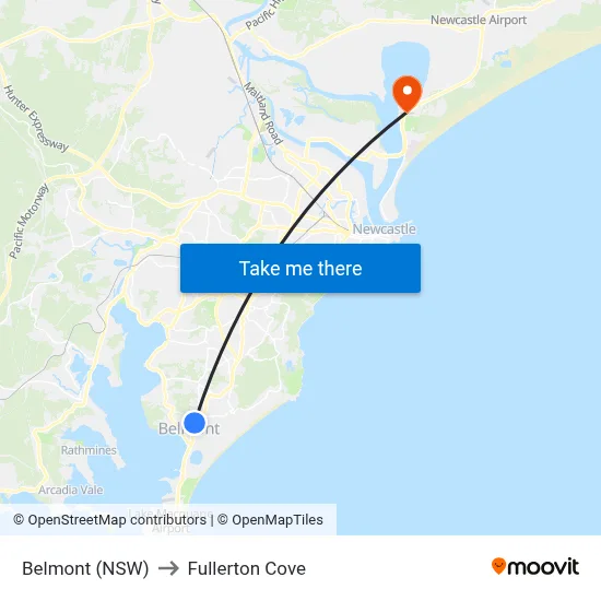 Belmont (NSW) to Fullerton Cove map