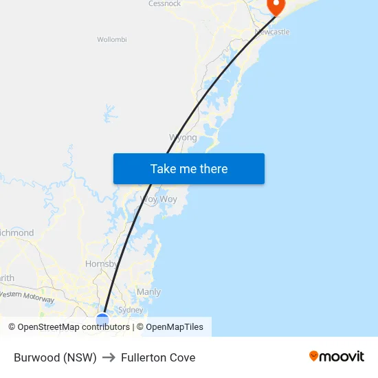 Burwood (NSW) to Fullerton Cove map