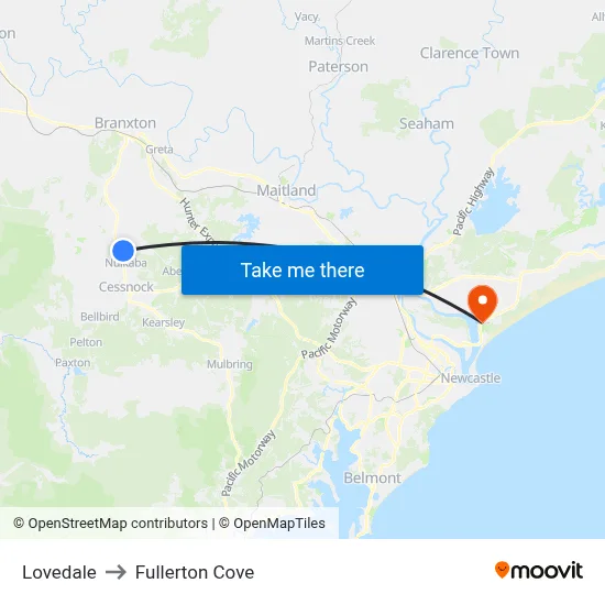 Lovedale to Fullerton Cove map