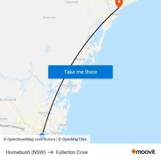 Homebush (NSW) to Fullerton Cove map