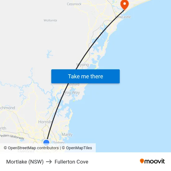 Mortlake (NSW) to Fullerton Cove map
