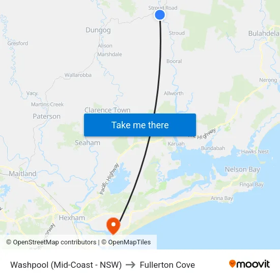Washpool (Mid-Coast - NSW) to Fullerton Cove map