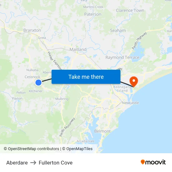 Aberdare to Fullerton Cove map