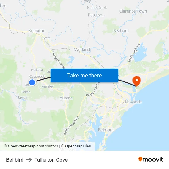 Bellbird to Fullerton Cove map