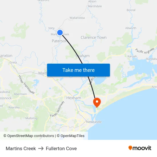 Martins Creek to Fullerton Cove map