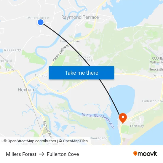 Millers Forest to Fullerton Cove map