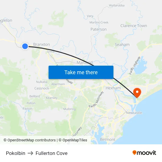 Pokolbin to Fullerton Cove map
