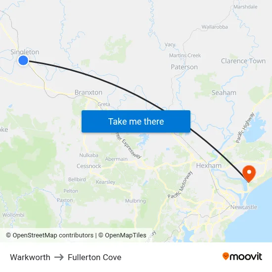 Warkworth to Fullerton Cove map